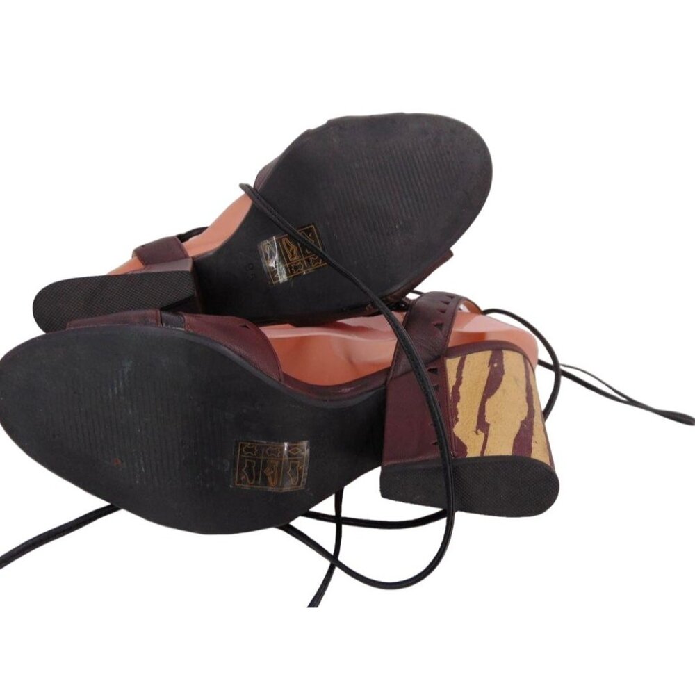 Anthropologie Faryl Robin Caley Lace Up Ankle Tie Heels 9.5 Chunky Heel Laser - Picture 8 of 13